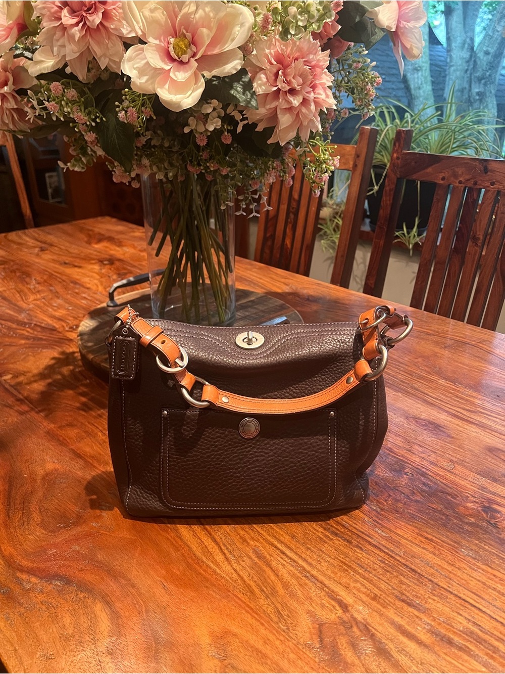 Coach Chocolate Brown Pebbled Leather Shoulder Bag with Tan Trim